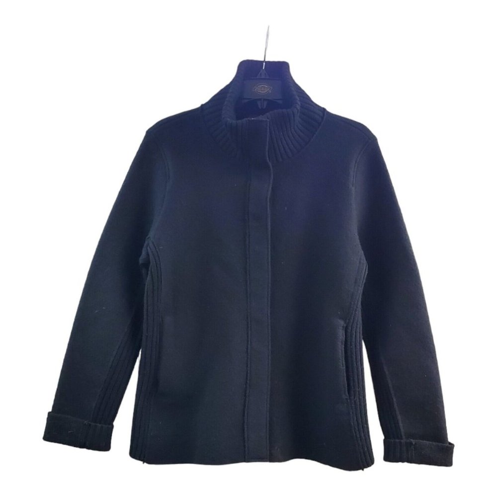 Eileen Fisher Boiled Wool Jacket S Black Mock Neck Ribbed Knit Snap Front
